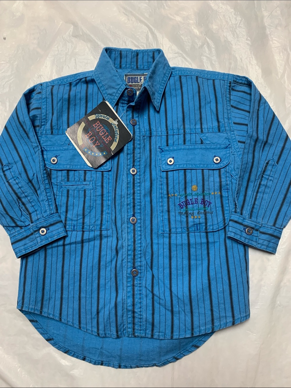 Bugle Boy Vintage 90s Deadstock Boys Blue Striped Button Down Shirt Sz 4 nWT